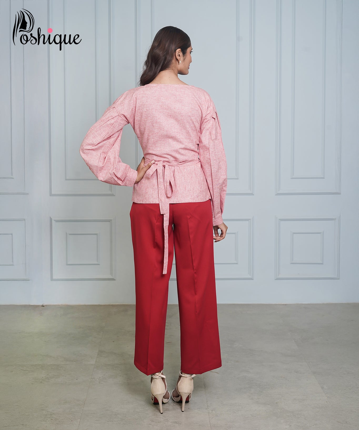 Poshique Maroon High-Waisted Straight-Leg Trousers